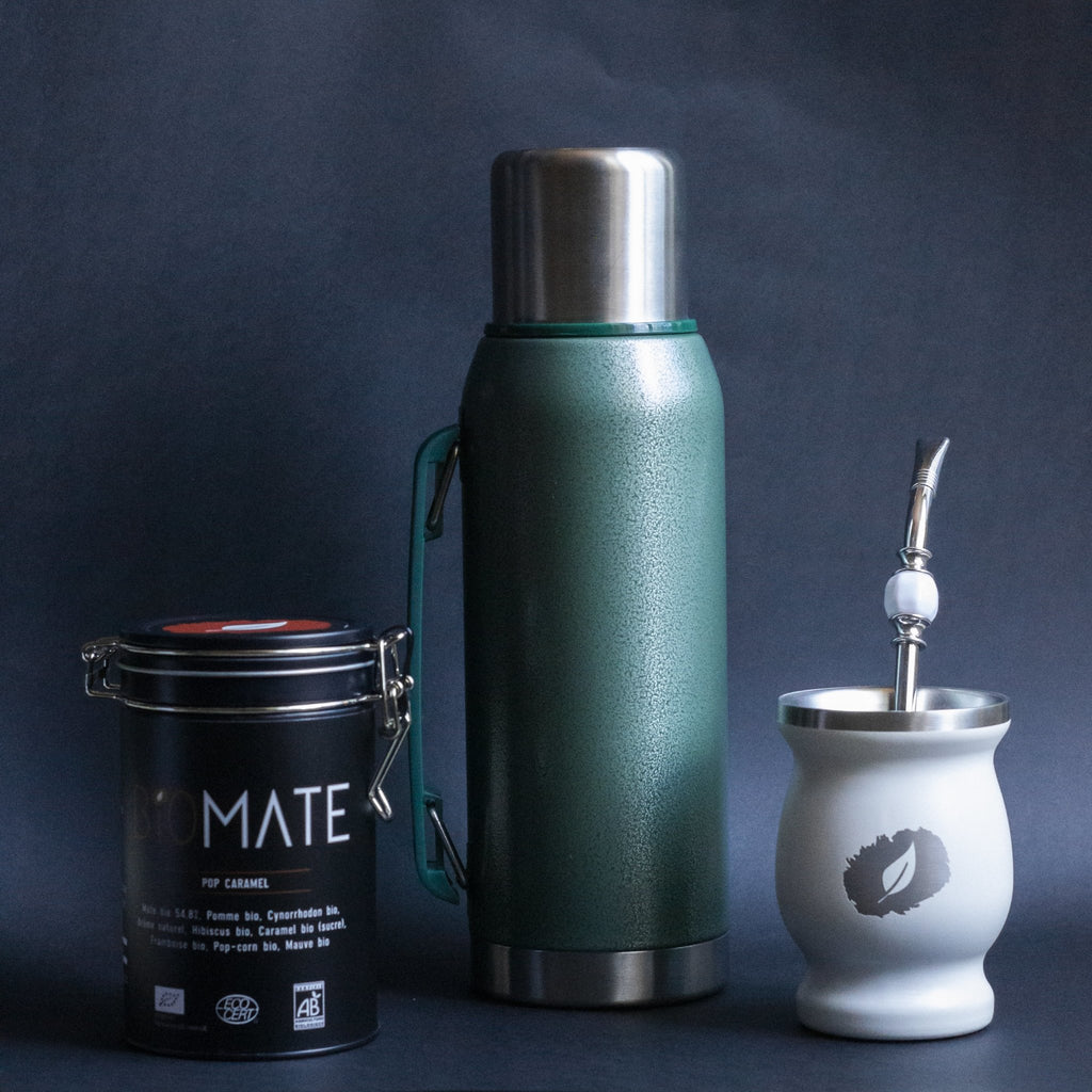 Set Maté Complet - Calebasse En Céramique 300 Ml, Paille Bombilla Inox 19 Cm, Tampon Liège - Design Aztek, Goût Neutre