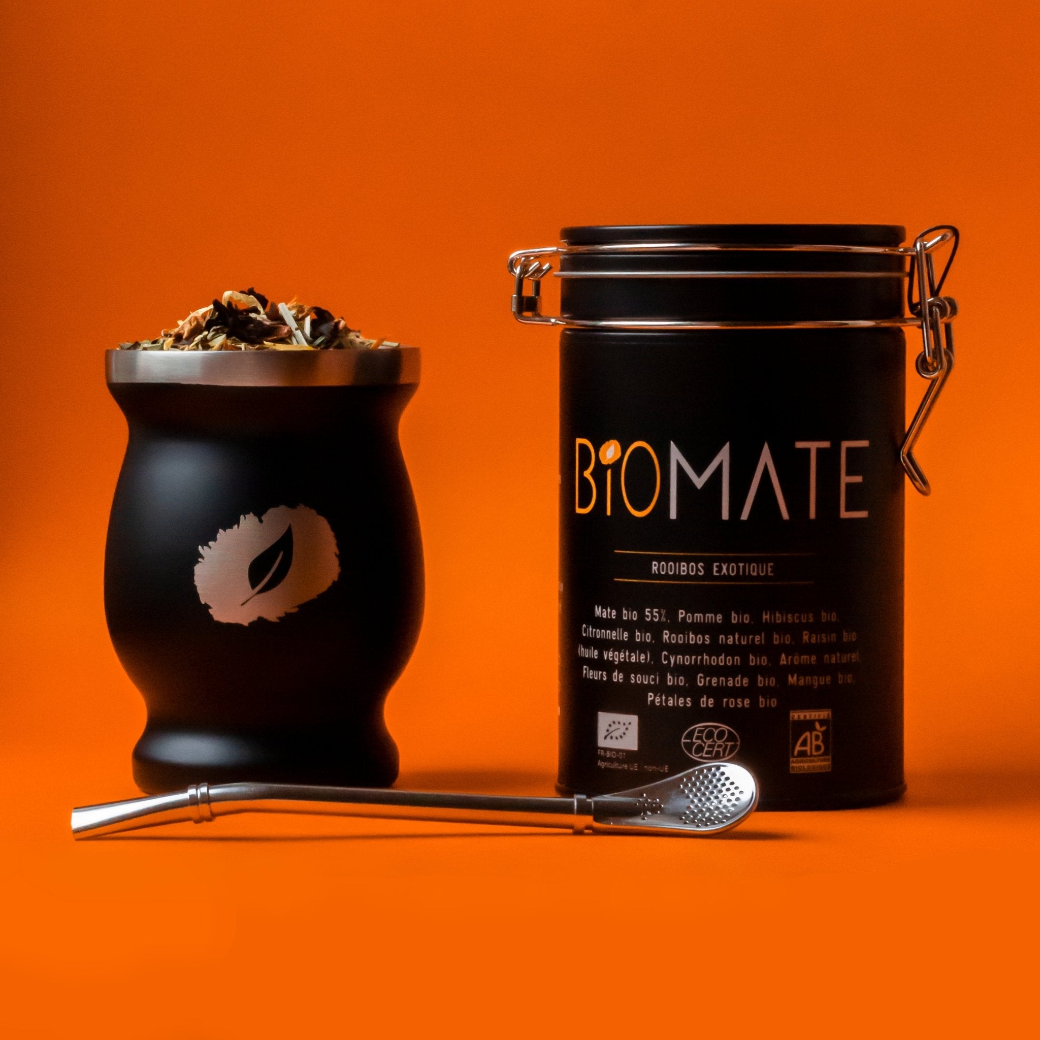 Kit Calebasse Matero en cuir noir et Bombilla pour Maté (200ml), Biomate